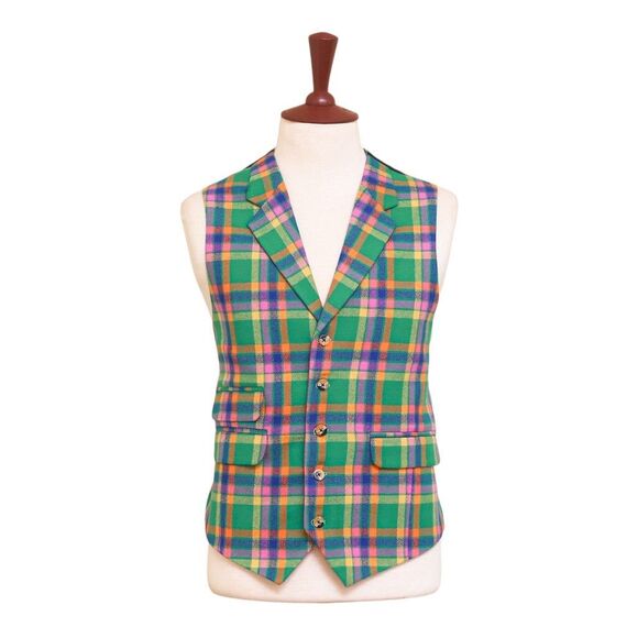 Chiragh Apparel Other - Mens Vest 44R Plaid Green Orange Blue Wool Lapel Waistcoat Formal Wedding Party